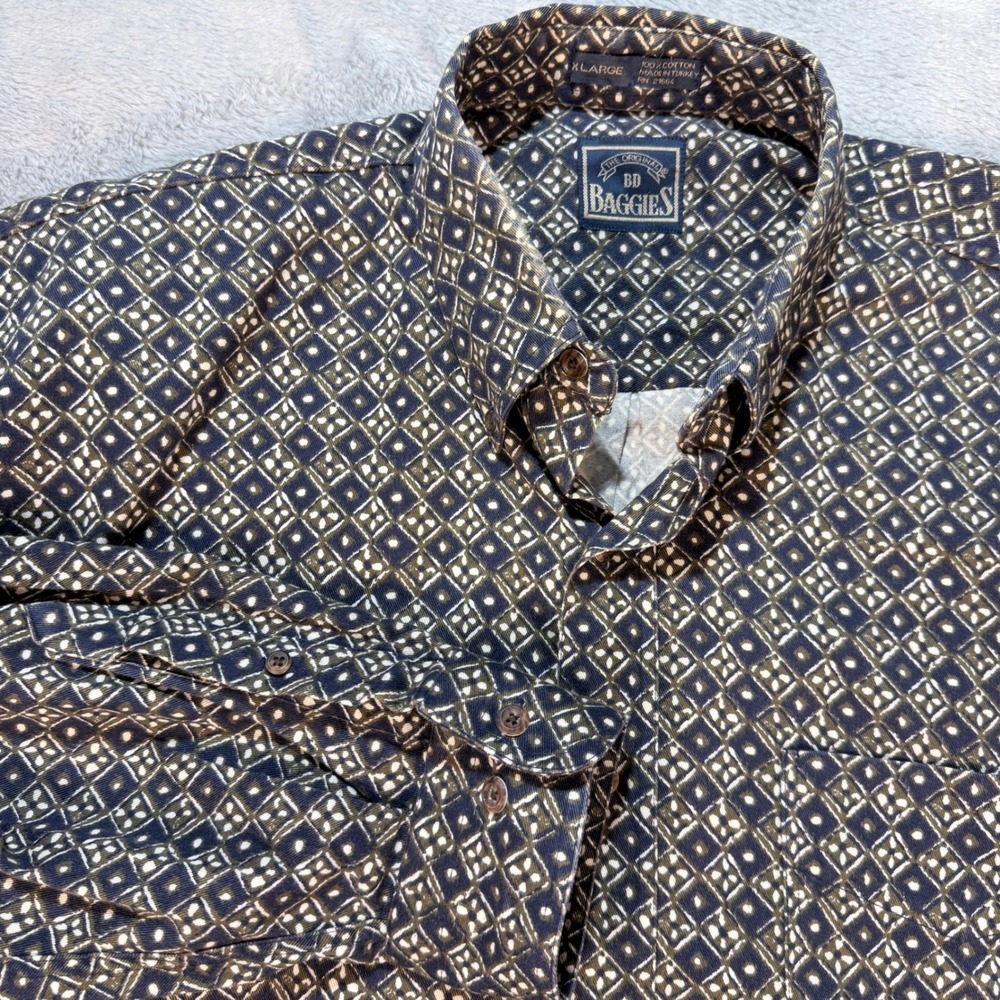 BD‎ Baggies  XL Navy White Diamond Geometric Print Button Up Shirt Long Sleeve